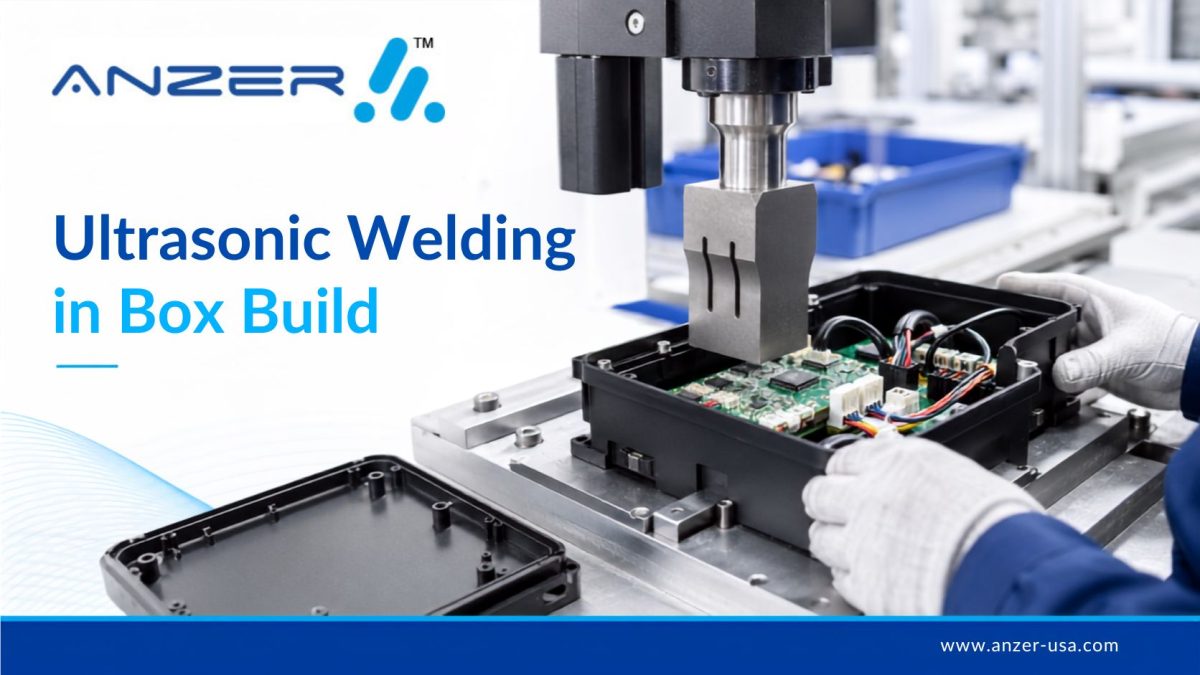 Learn how ultrasonic welding fits into electronic box build assembly, including enclosure design, PCB vibration risk, sealing, DFM, testing, and RFQ requirements.
