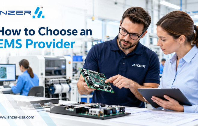 How to Choose an EMS Provider: 12 Criteria for OEMs | Anzer USA 2 Professional U.S. electronics manufacturing facility with an engineer and procurement/engineering buyer reviewing a PCB assembly and manufacturing documentation at a clean production workstation. Include subtle visual references to SMT assembly, inspection, testing, and a finished electronic assembly. Light white/very pale gray background, ANZER blue/cyan accents, realistic manufacturing photography style, no futuristic machinery, no fake certifications, no badges, no competitor logos.