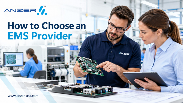 How to Choose an EMS Provider: 12 Criteria for OEMs | Anzer USA 2 Professional U.S. electronics manufacturing facility with an engineer and procurement/engineering buyer reviewing a PCB assembly and manufacturing documentation at a clean production workstation. Include subtle visual references to SMT assembly, inspection, testing, and a finished electronic assembly. Light white/very pale gray background, ANZER blue/cyan accents, realistic manufacturing photography style, no futuristic machinery, no fake certifications, no badges, no competitor logos.